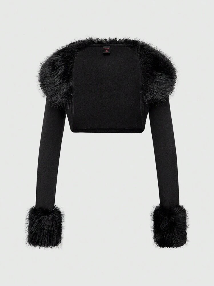 ROMWE Grunge Punk Y2K Harajuku Style Patchwork Leopard Print Fluffy Collar Cropped Cardigan For W... | SHEIN