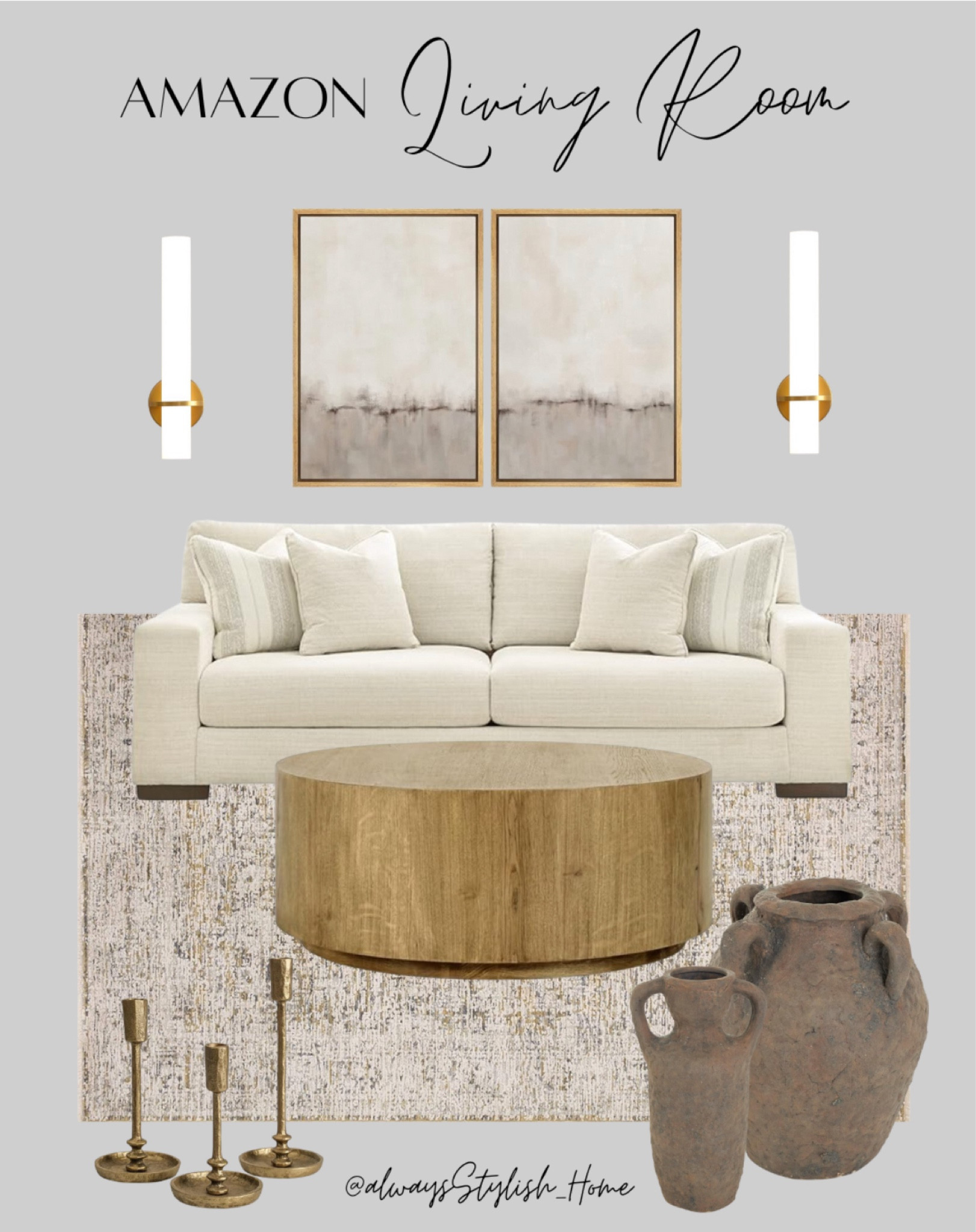 Neutral Living Room finds, modern organic home decor, ivory sofa, gold candlesticks, modern wall art, gold sconce, wood drum coffee table, organic vases, neutral rug

#LTKFindsUnder50 #LTKHome