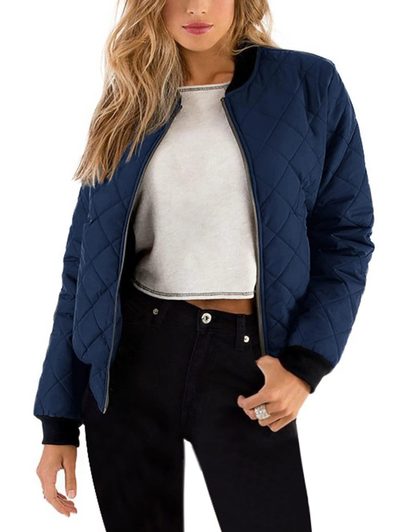 Zeagoo Women Raglan Quilted Bomber Jacket Warm Long Sleeve Zipper Coat Solid Color Winter Coat | Walmart (US)