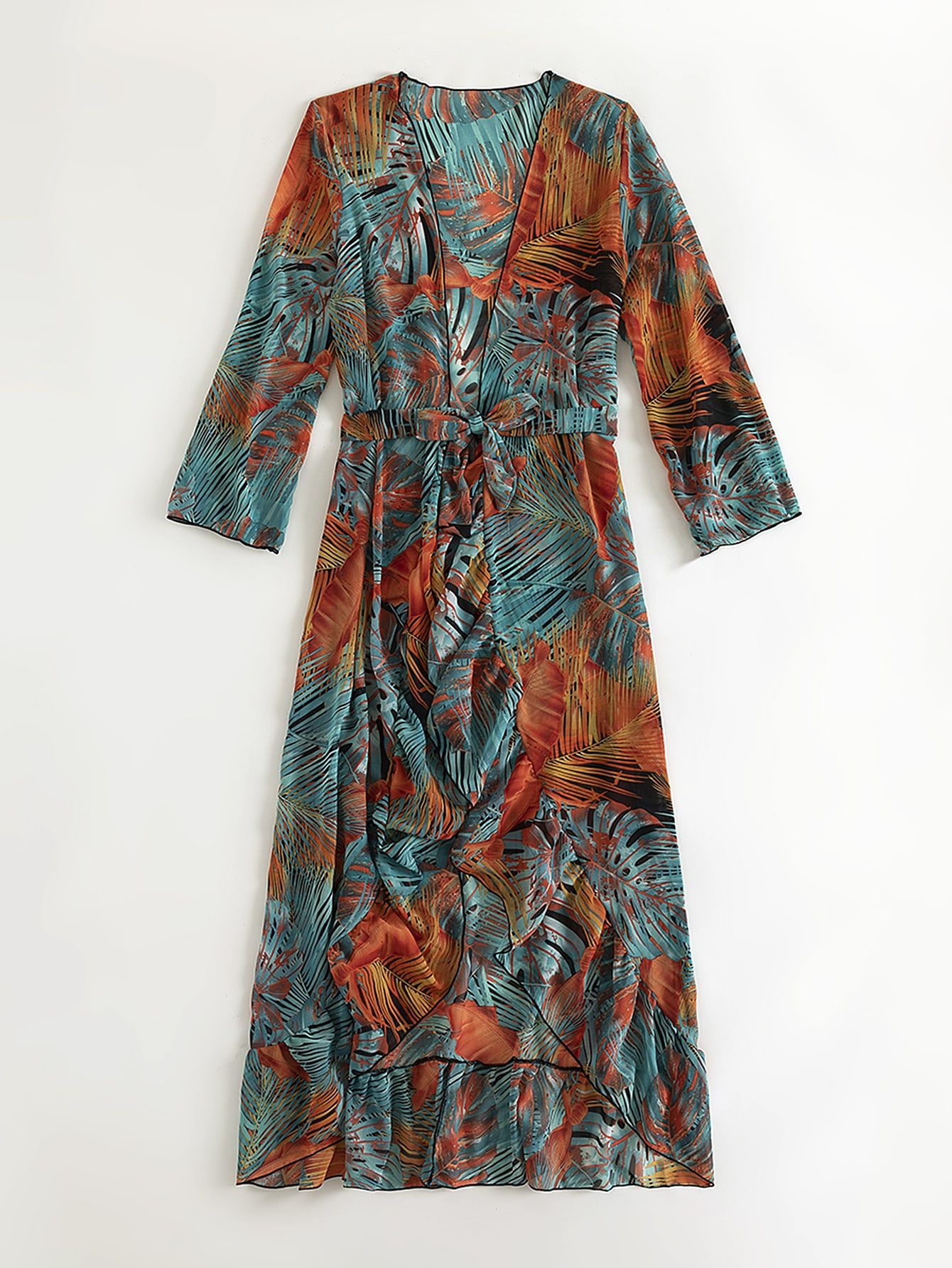 Tropical Print Ruffle Trim Belted Kimono | SHEIN