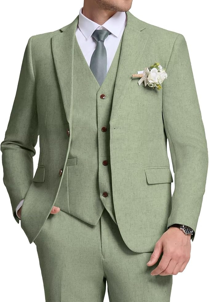 Retro Mens Linen Suit Slim Fit 3 Piece Summer Wedding Suit Casual Beach Linen Suits for Men Prom ... | Amazon (US)