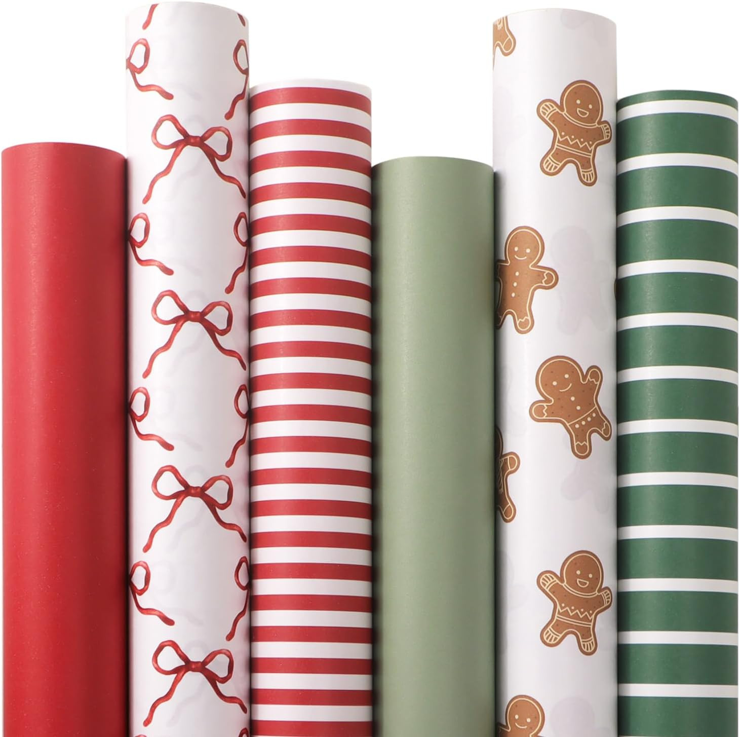 Ribbli Christmas Wrapping Paper Vintage Matte Wrapping Paper with Gingerbread Man/Bows/Red Stripe/Green Stripe Pattern, 6 Rolls Red and Green Holiday Assortment - 30 inch x 10 feet Per Roll | Amazon (US)