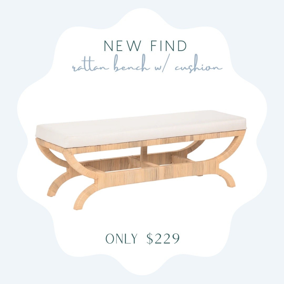 Coastal style bench with rattan base and cushioned top only $229! Also in an ottoman version