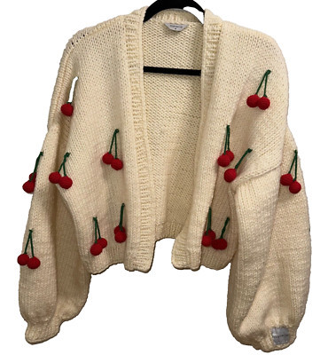 Myracle Womens Sweater Chunky Cardigan Knit Oversized Off White 3D Cherry Size M | eBay US