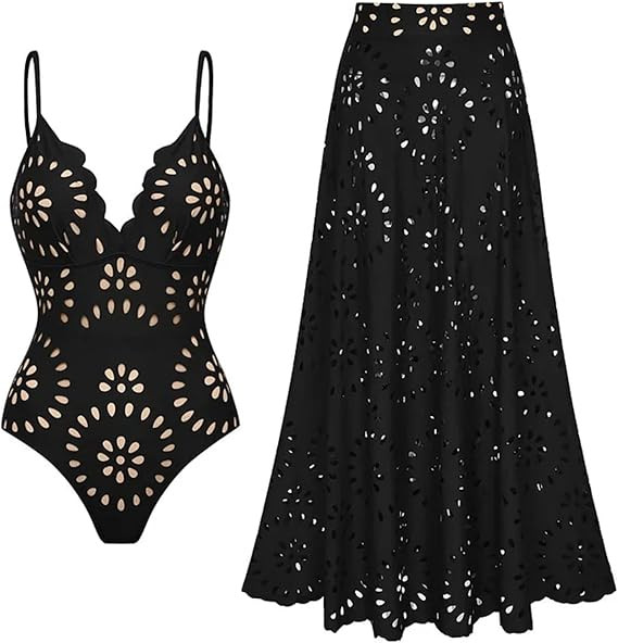FLAXMAKER Women's One Piece Bathing Suit Petal Hollow V Neck Swimsuit and Skirt | Amazon (US)
