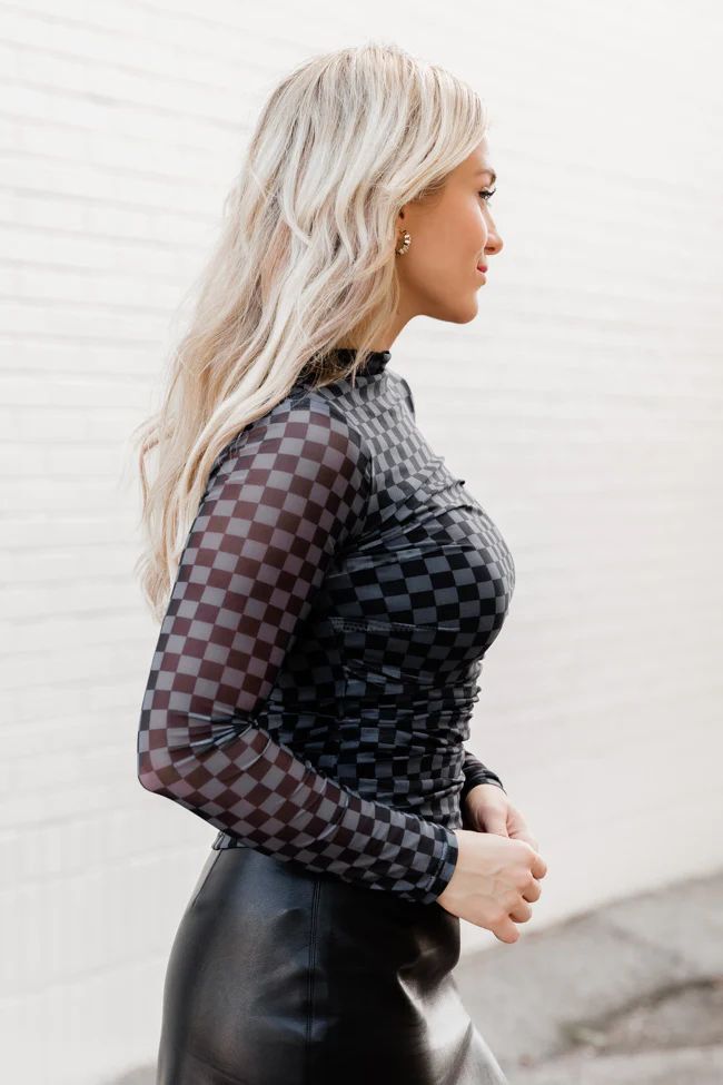 Holding Out Hope Black Mock Neck Checkered Mesh Blouse | Pink Lily
