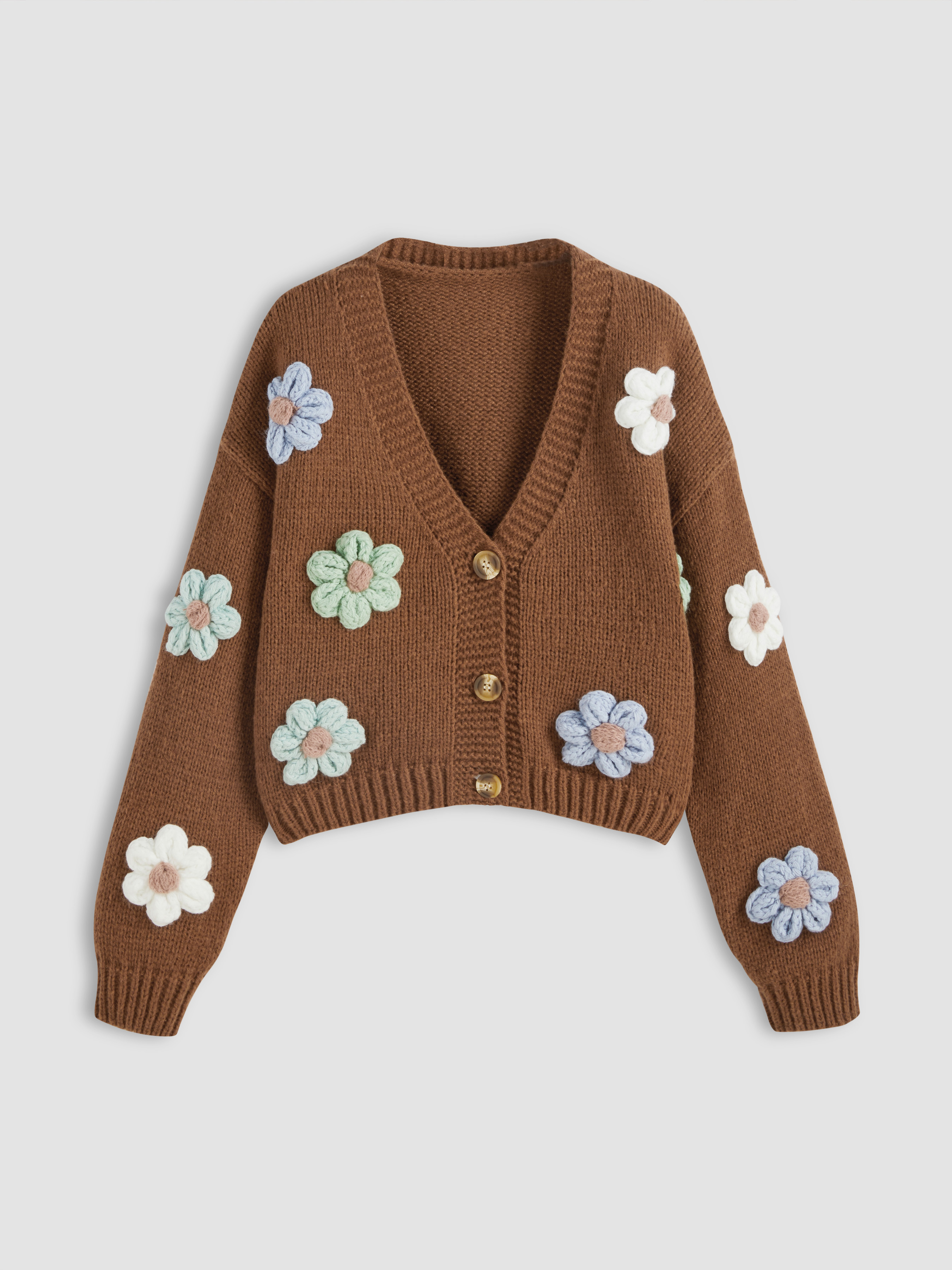 Fall Sweater Countryside Core Knit Fabric V-neck Button Flower Cardigan For School Daily Casual P... | Cider