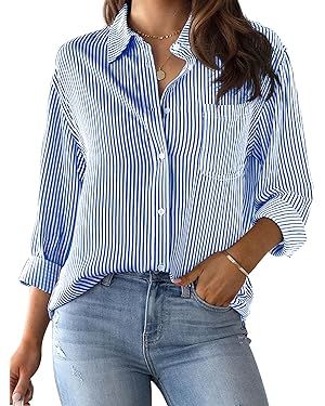 CUNLIN Wrinkle Free Women's Button Down Shirts Striped Long Sleeve Collared Blouses Tops with Poc... | Amazon (US)