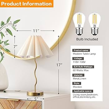 Pleated Table Lamp, Table Lamp for Bedroom, Bedside Lamps for Nightstand with Linen Lampshade, Mo... | Amazon (US)