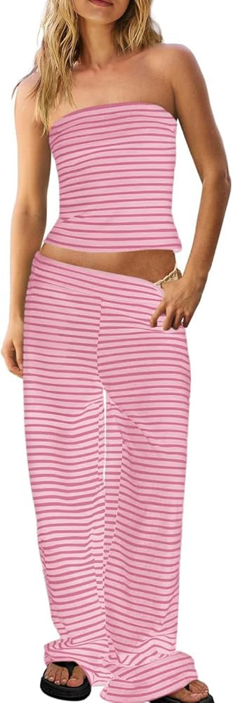 Womens Striped Two Piece Outfit Strapless Tube Top Wide Leg Pants Matching Set Summer Beach Vacat... | Amazon (US)