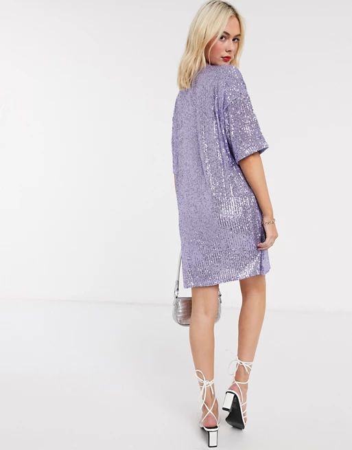 ASOS DESIGN sequin mini dress with short sleeve in lilac | ASOS (Global)