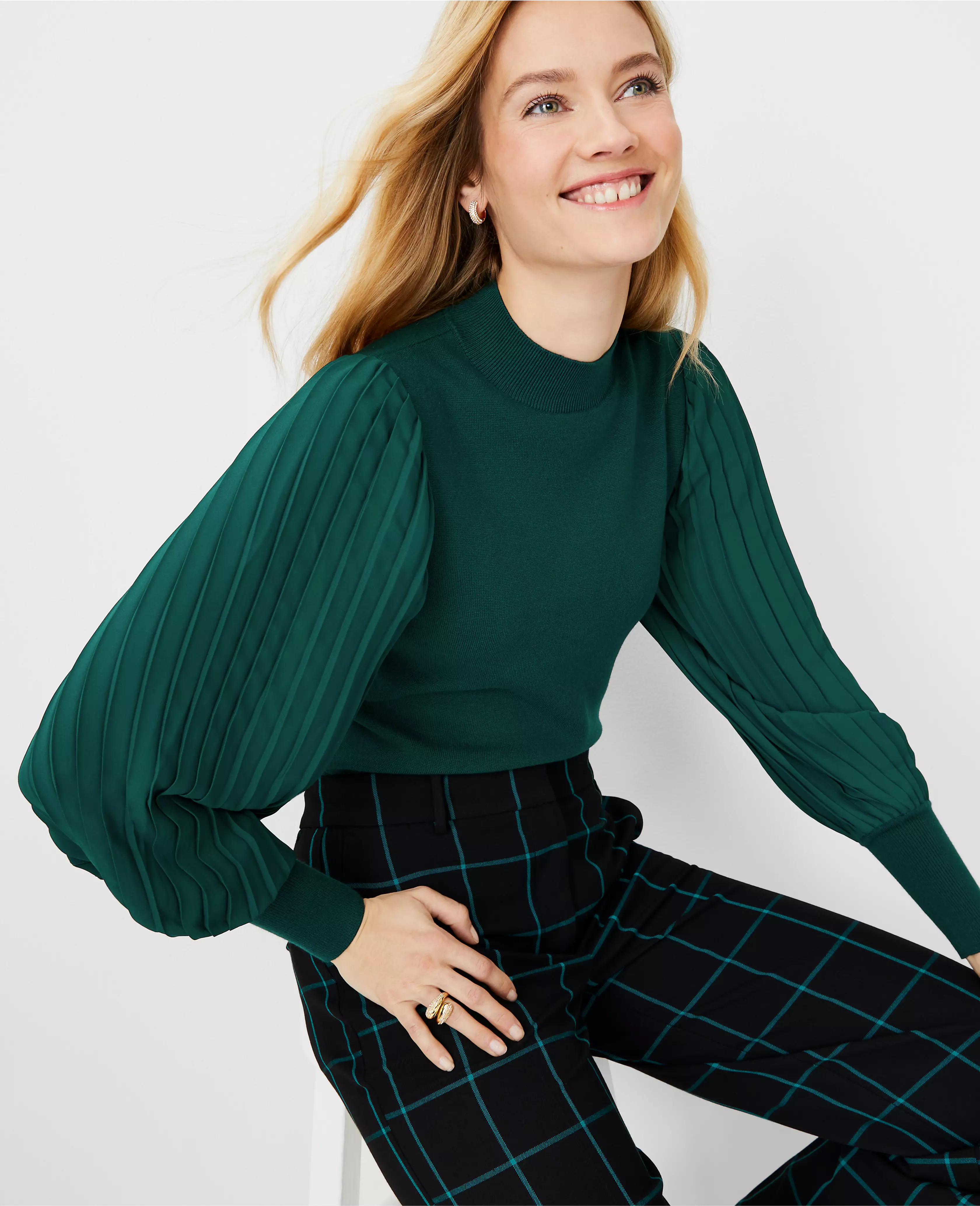 Mixed Media Pleated Sleeve Sweater | Ann Taylor (US)