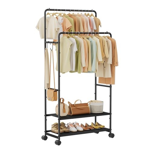 Simple Trending Heavy Duty Clothes Rack, Rolling Clothing Rack for Hanging with 2 Fabric Shelves, Portable Garment Rack Load 400 LBS, Black | Amazon (US)