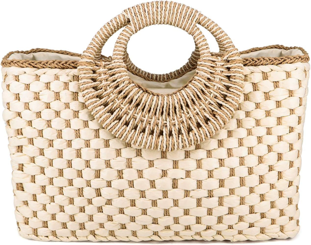 QTKJ Women Summer Retro Straw Bag with Zip Hand-woven Beach Handbag Top Round Handle Boho Tote Ba... | Amazon (US)