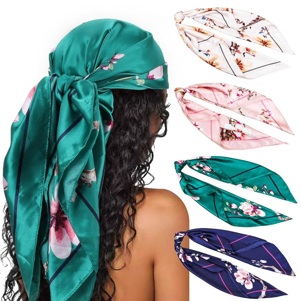 DRESHOW 35” Large Square Satin Head Scarf - 4Pcs Silk Accessories Classic Patterned Squares Beach Bandanas for Women | Amazon (US)