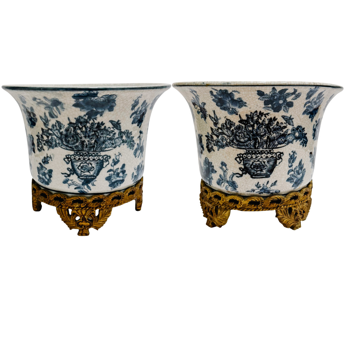 Pair of Blue & White Chinoiserie Planters With Faux Ormolu 7"H x 8.75"W | eBay US