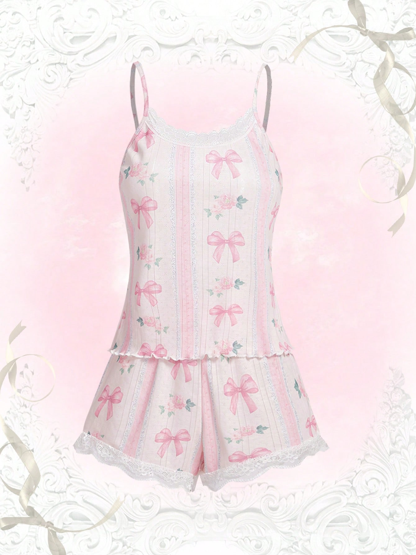 ROMWE Kawaii Bow Print Lettuce Trim PJ Set | SHEIN