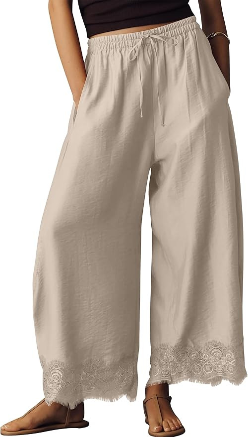 Anoumcy Lace Trim Wide Leg Pants for Women 2026 Spring Summer Cropped Lightweight Casual Pants | Amazon (US)