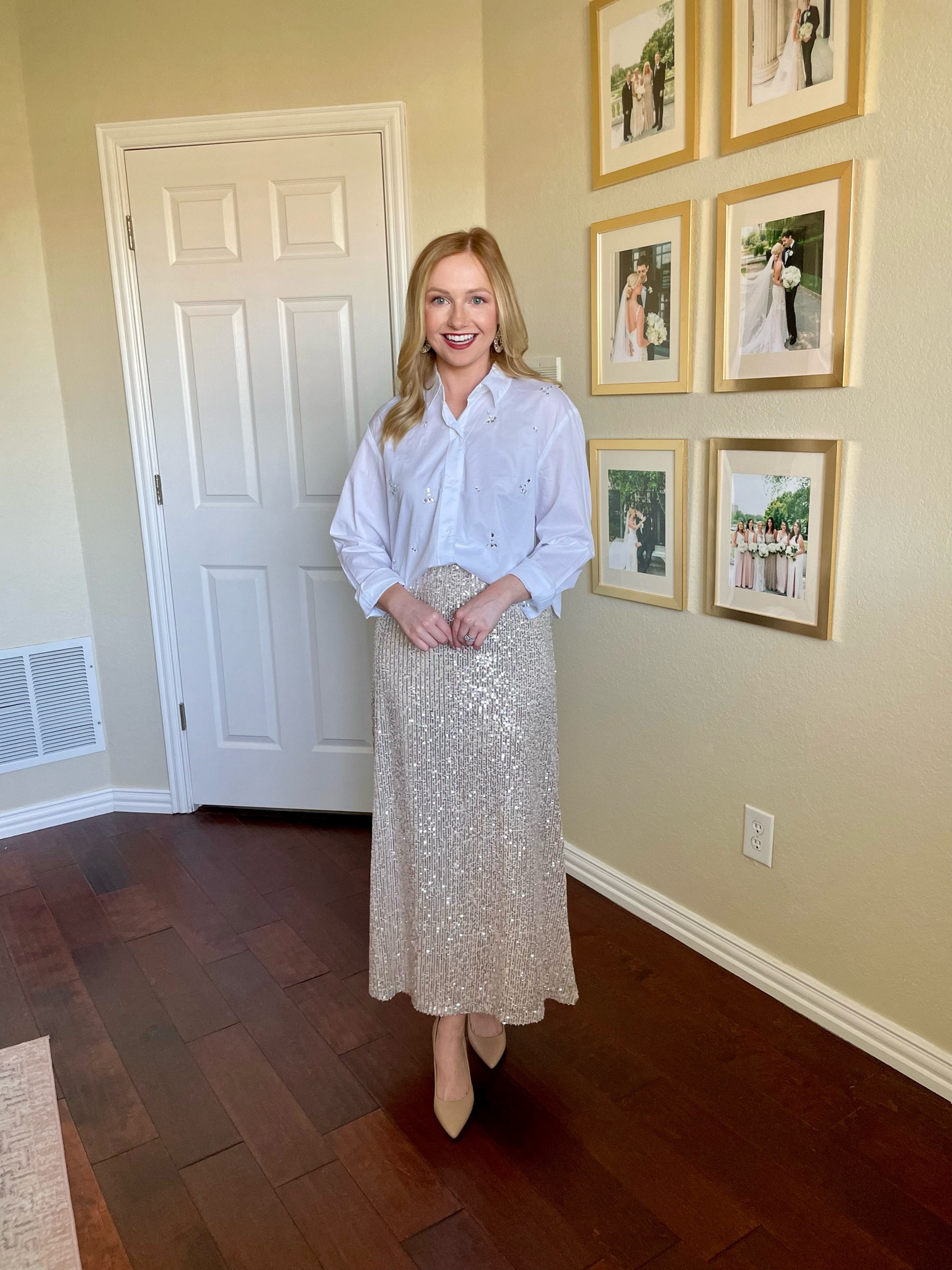 Wearing an XS in both top and skirt | holiday outfit, sequin skirt, embellished top, white button down, holiday party outfit, Christmas photos outfit 

#LTKHoliday #LTKSeasonal #LTKStyleTip