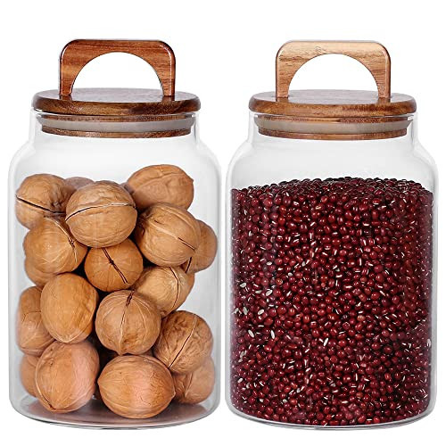 SAIOOL Canister Set of 2, Glass Kitchen Canisters with Airtight Acacia Lid, Tall Clear Airtight Food Storage Jar, Kitchen Pantry Storage Container for Noodles Flour Cereal Coffee | Amazon (US)