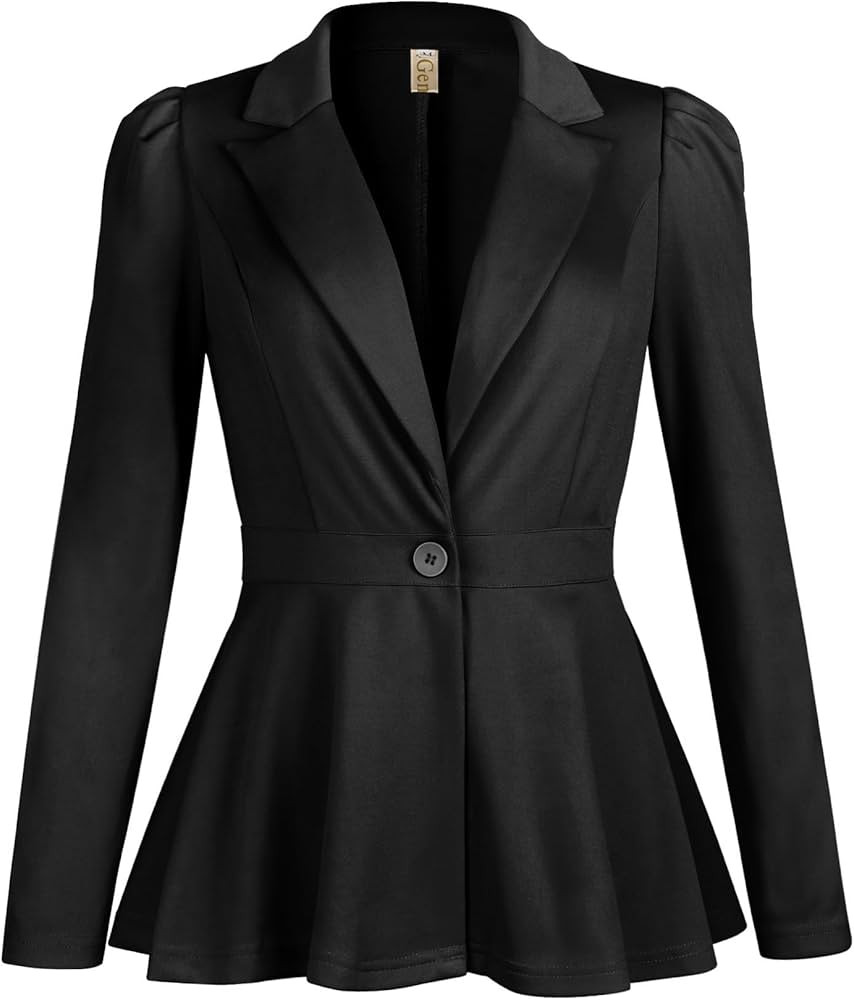 Genhoo Women's Business Casual Blazer Jackets Dressy Puff Sleeve Single Button Peplum Comfy Work ... | Amazon (US)