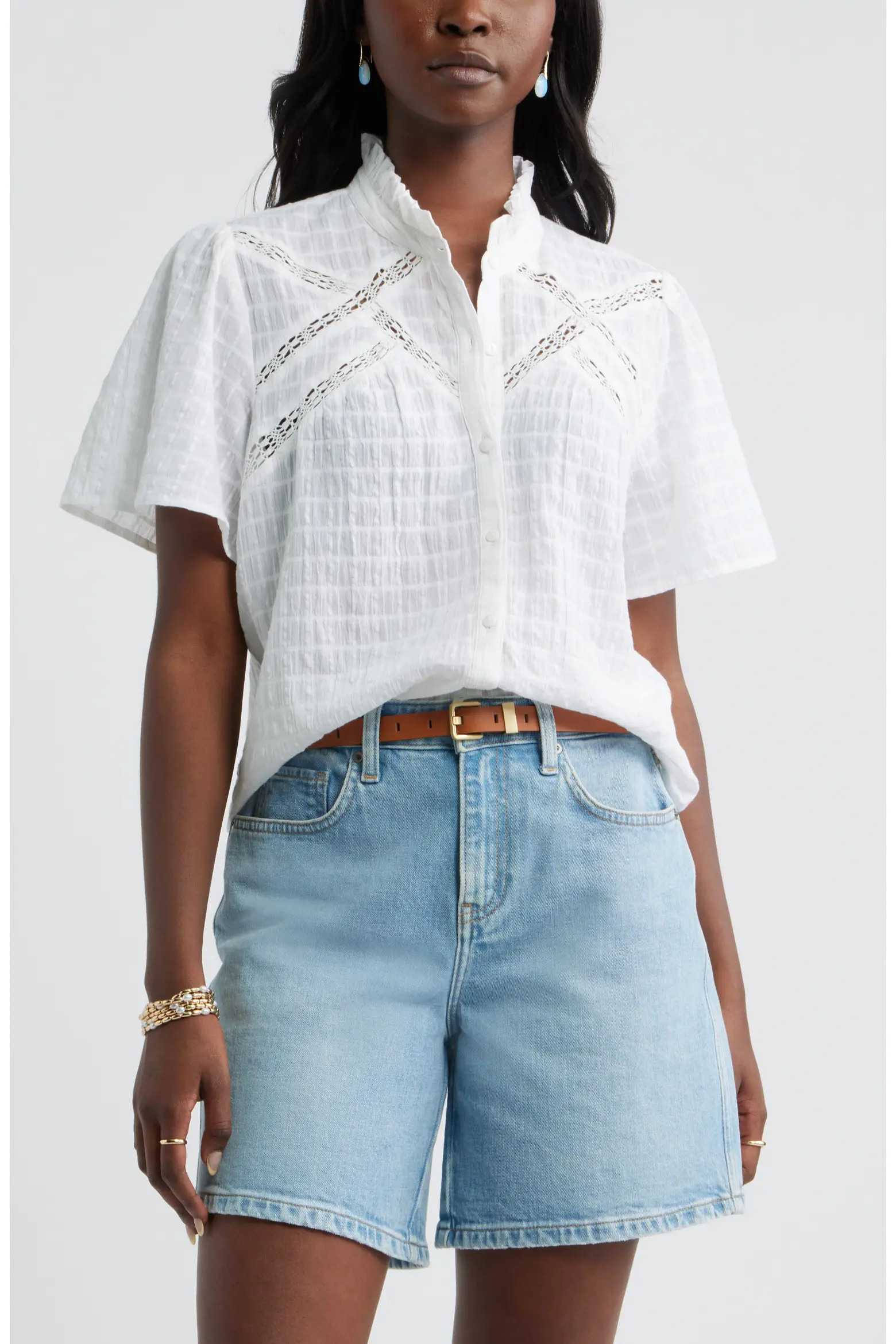 Caslon\u00ae Lace Trim Button Front Top (Women) | Nordstrom | Nordstrom