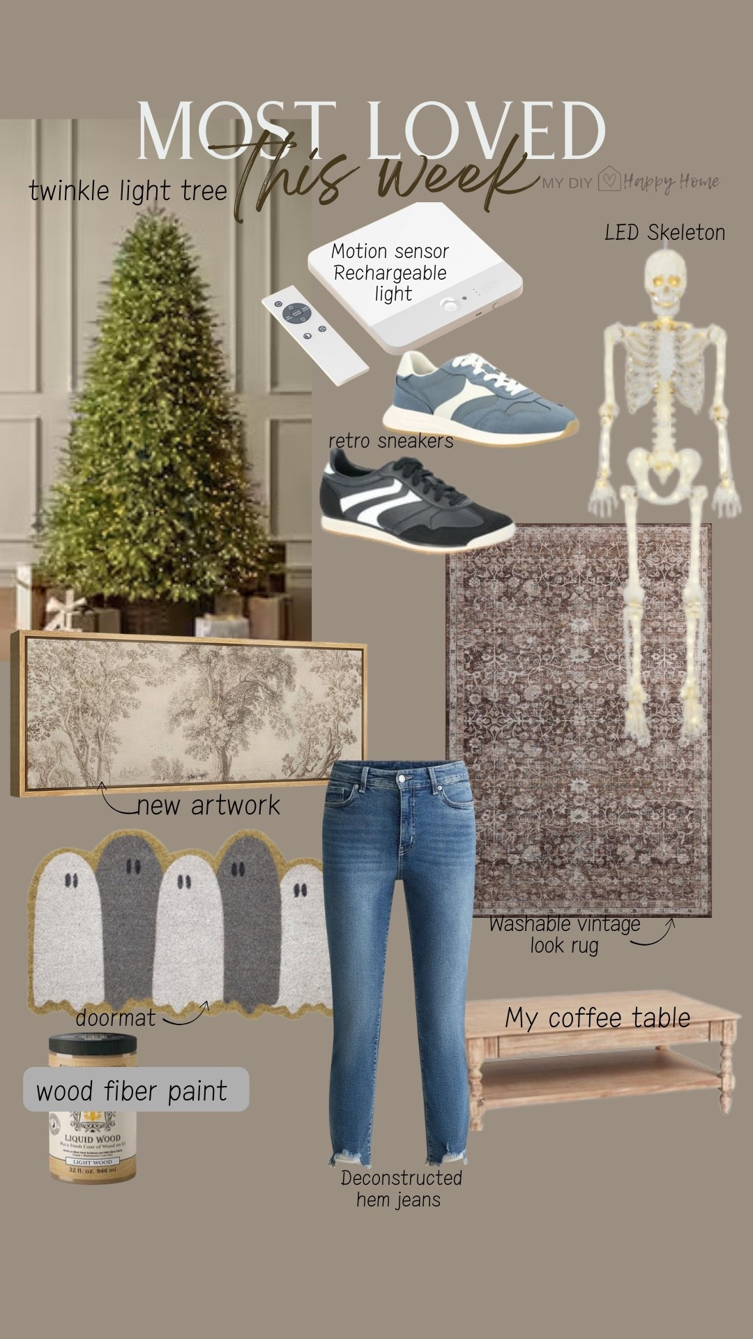 Last weeks most loved and best sellers:

•Viral twinkling light Christmas tree
•LED skeleton 
•rechargeable closet light- no wiring 
•my new artwork in my bedroom 
•retro sneakers 
•washable, non-skid rug
•ghost doormat
•deconstructed hem jeans 
•my coffee table (has a hidden drawer)
•wood fiber paint 


#LTKSeasonal #LTKHome #LTKStyleTip