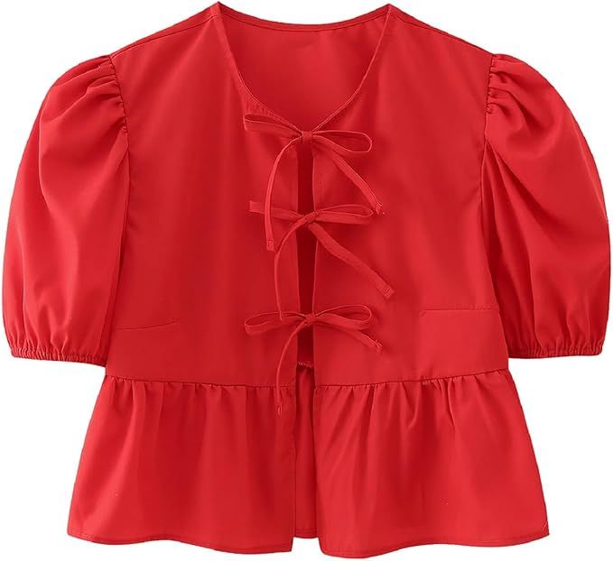 Women Y2K Peplum Shirt Puff Sleeve Tie Front Top Blouse Cute Going Out Babydoll Crop Top Summer | Amazon (US)