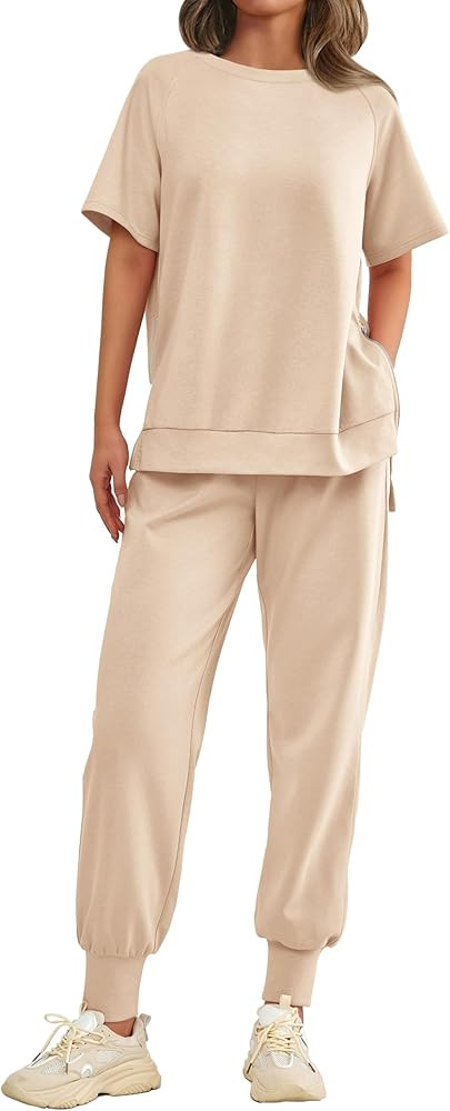 MASCOMODA 2 Piece Outfits for Women 2024 Summer Crewneck Short Sleeve Tops Long Sweatpant Casual ... | Amazon (US)