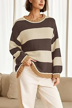 Nirovien Womens Oversized Sweater Colorblock Striped Sweater Chunky Cable Knit Crewneck Pullover ... | Amazon (US)