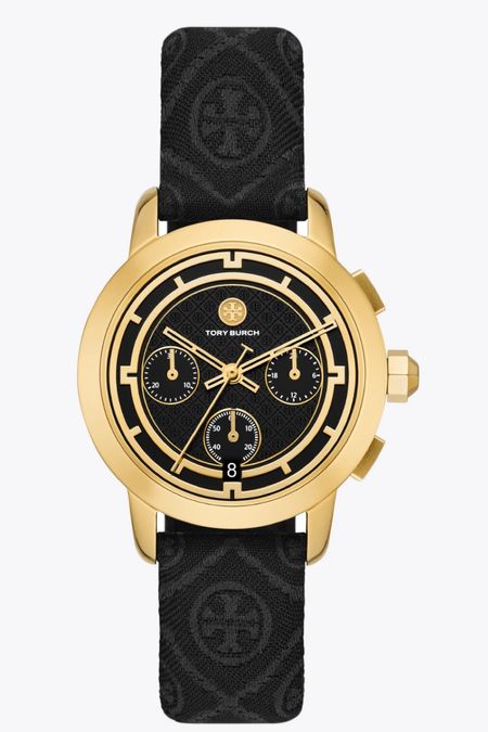 Tory Burch 
TORY CHRONOGRAPH WATCH, T MONOGRAM JACQUARD/ LEATHER/ GOLD-TONE STAINLESS STEEL on sale! The Tory Watch is elevated with a T Monogram jacquard and leather strap. A gold-tone stainless steel case contrasts a black face with chronograph movement.

#LTKbeauty #LTKstyletip #LTKworkwear