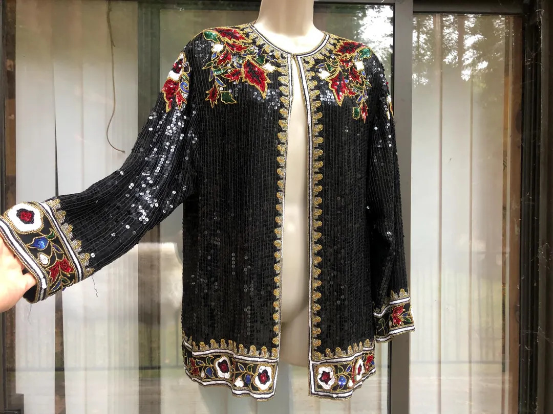 Vintage 1990s Sparkly Sequined Beaded Jacket Size L Large Fully Lined - Etsy | Etsy (US)
