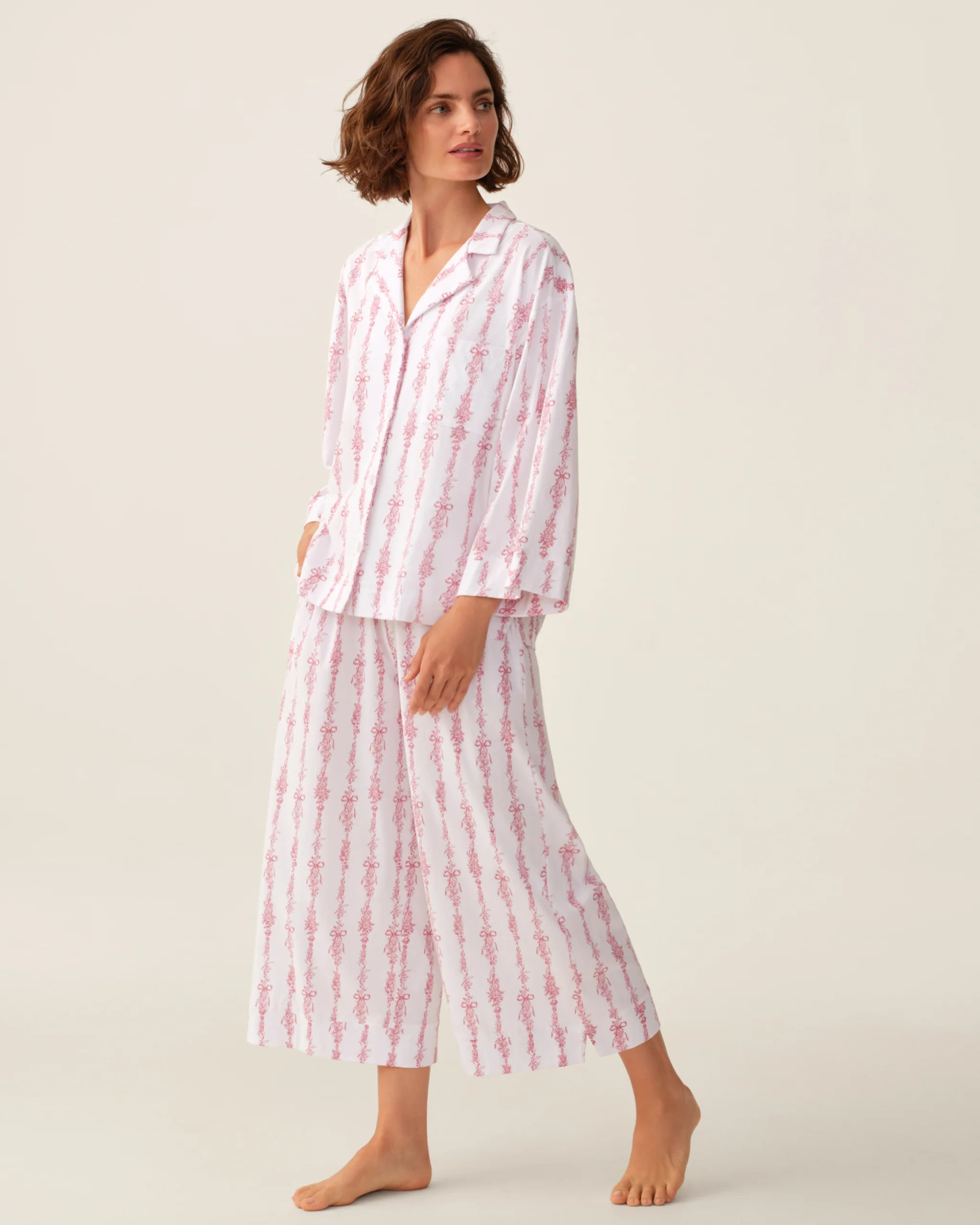 The Olivia Wide Leg Pima Pajama Set in Pink Mayfair Toile | Petite Plume
