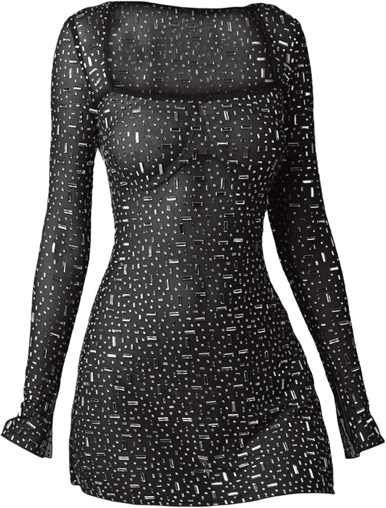 BOLLEY JOSS Women's Mesh Rhinestone Bodycon Mini Dress Square Neck Long Sleeve Sheer Sparkle Bodi... | Amazon (US)