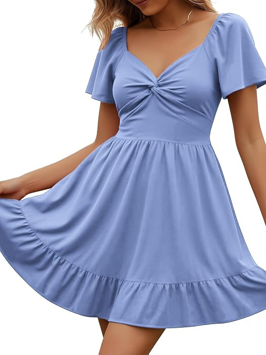 ECOWISH Mini Dresses for Women A Line Tie Back Short Flutter Sleeve V Neck | Amazon (US)