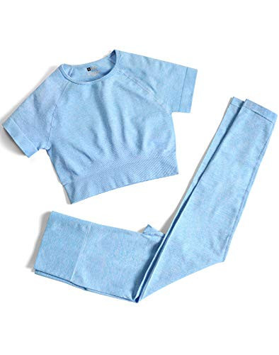 Workout Sets for Women 2 Piece Outfits Cute Gym Athletic Pilates Hiking Clothes Conjunto Deportivo Para Mujer Seamless High Waist Leggings Yoga Crop Tops Matching Sports Set (P005M-Light blue) | Amazon (US)