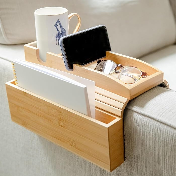 Bamboo Couch Cup Holder with Side Storage Pocket & Phone Holder - Non-Slip Sofa Armrest Tray Tabl... | Amazon (US)