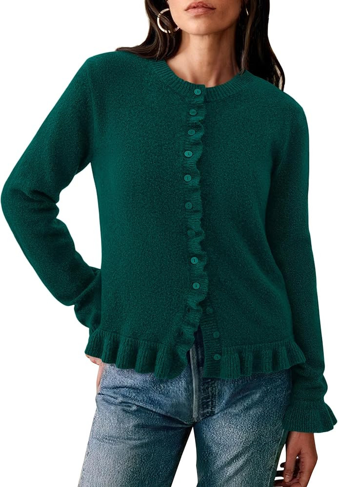 PRETTYGARDEN Womens Fall Button Down Cardigans Chunky Knit Ruffle Open Front Cropped Cardigan Swe... | Amazon (US)
