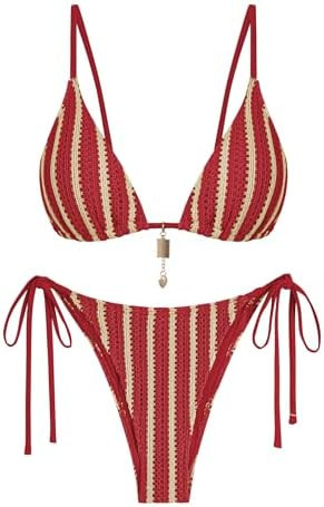 ZAFUL Crochet Bikini Sets for Women Cheeky Boho Bathing Suits Striped Brazilian High Cut Thong Bi... | Amazon (US)