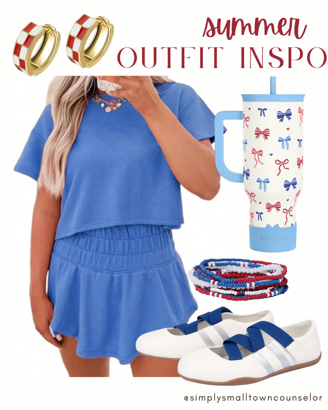 Summer outfit inspo 🇺🇸💙 Loving this comfy blue set for easy summer days — paired with the cutest patriotic accessories for a fun pop of red, white & blue! From the bow tumbler to the adorable Mary Jane sneakers, this look is casual, cute & perfect for all your summer plans ✨🛍️ 

 