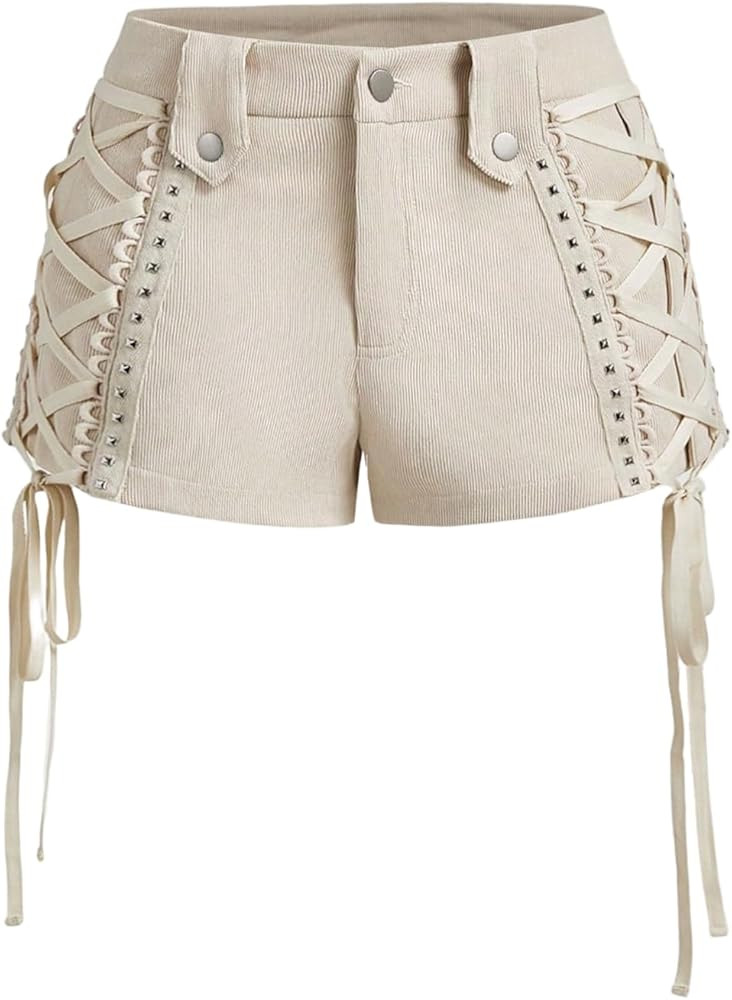 WDIRARA Women's Lace Up Tie Side Mini Shorts Western Concert Studded Shorts | Amazon (US)