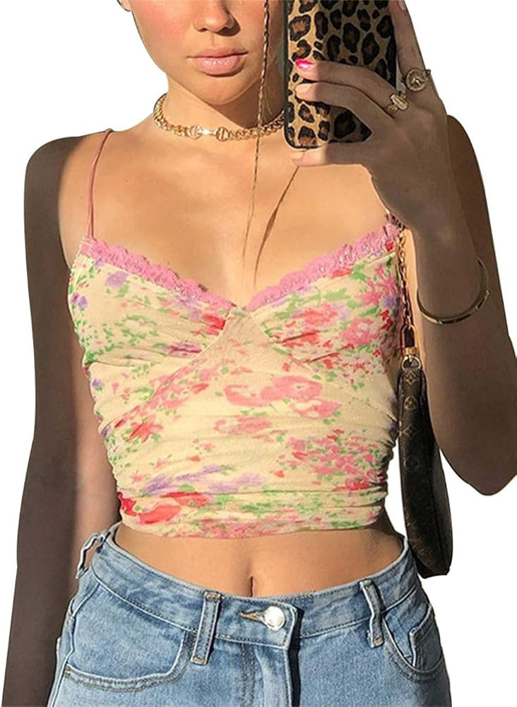 Women Lace Crop Top Sexy Strap Tank Top Backless Slim E-Girl Camis Sleeveless Summer See Through ... | Amazon (US)