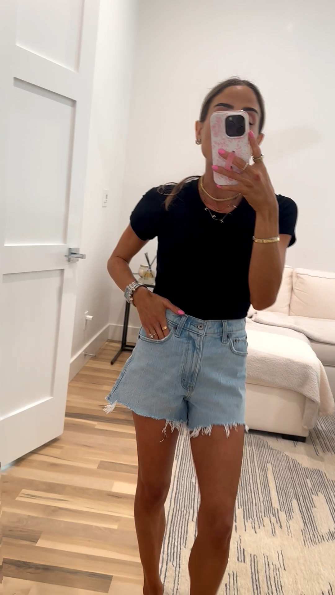 The perfect spring outfit. Seamless black tee size xs denim shorts size 23 

#LTKSpringSale #LTKPetite