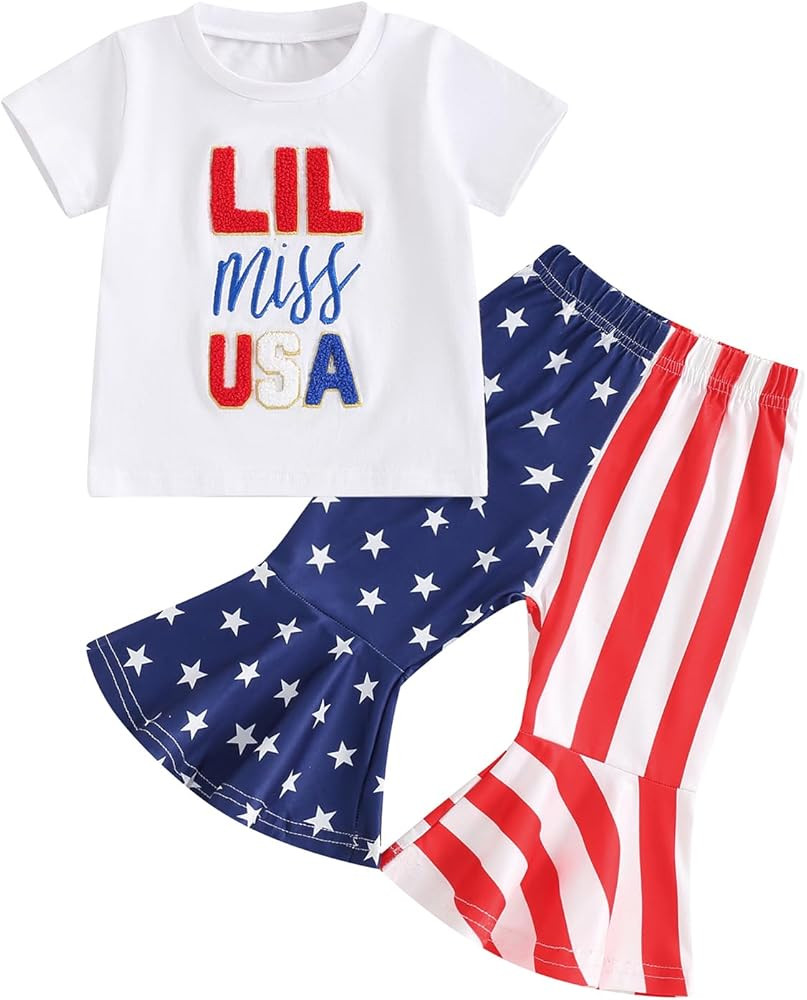 Kuriozud 4th of July Toddler Girl Outfit Baby Girl American Babe Short Sleeve T Shirt Flare Pants... | Amazon (US)