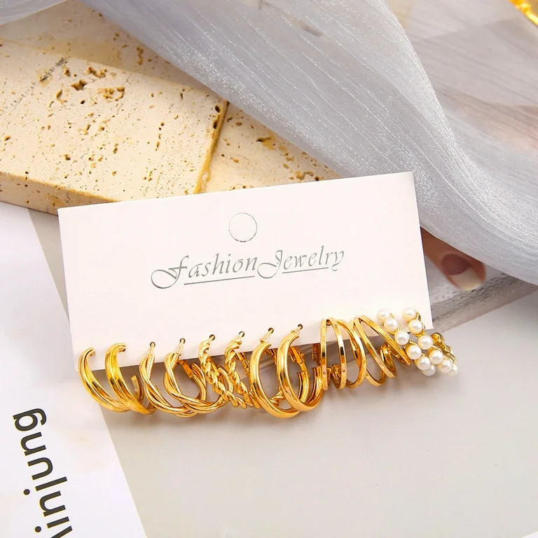 6-Pair Gold Hoop Metal Earrings Set - Alloy Acrylic Fashion Multipack Jewelry | Walmart (US)