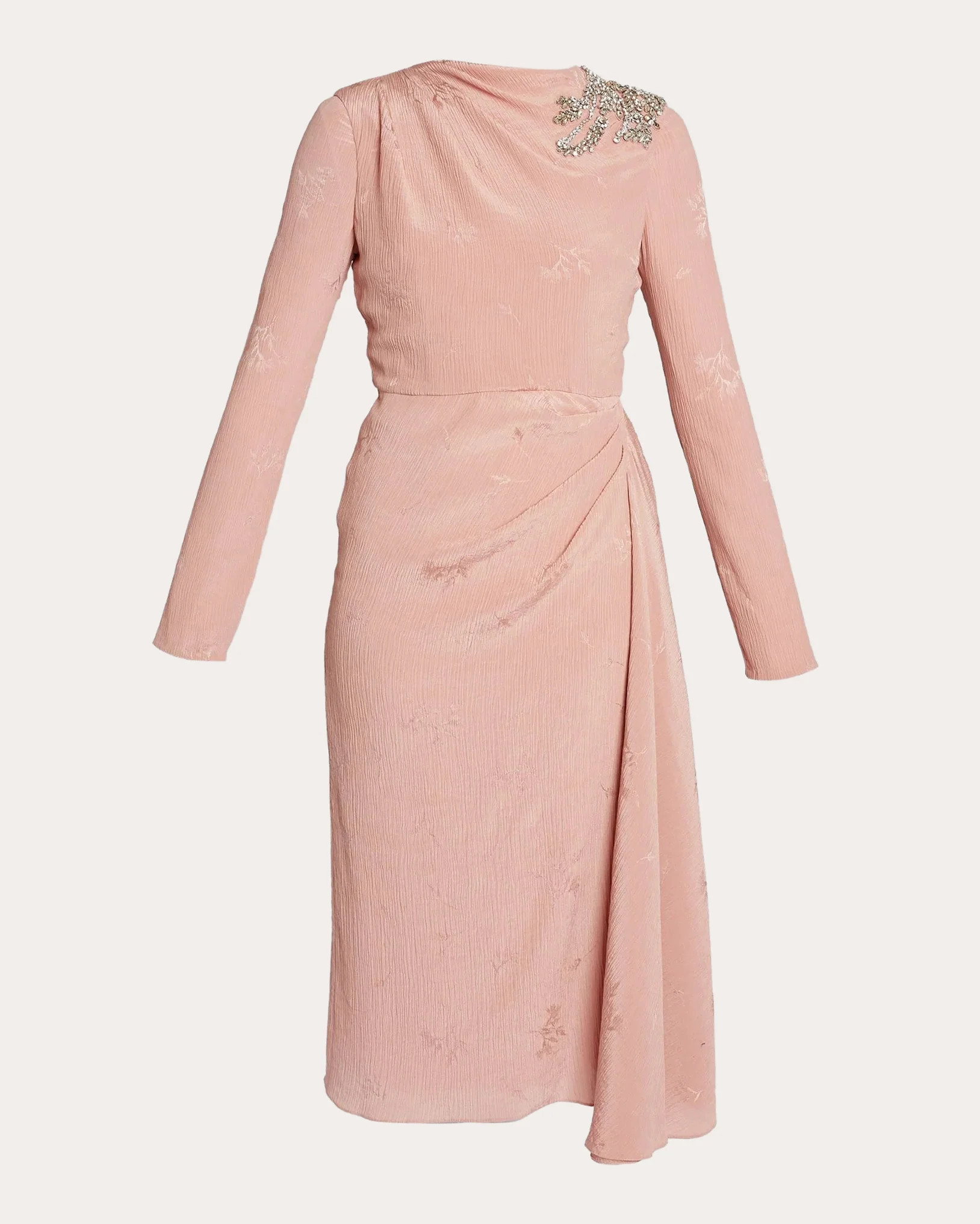 ERDEM Women's Draped Crystal-Embellished Crinkled Jacquard Midi Dress in Dusty Rose Cotton/Nylon/Polyester | Olivela