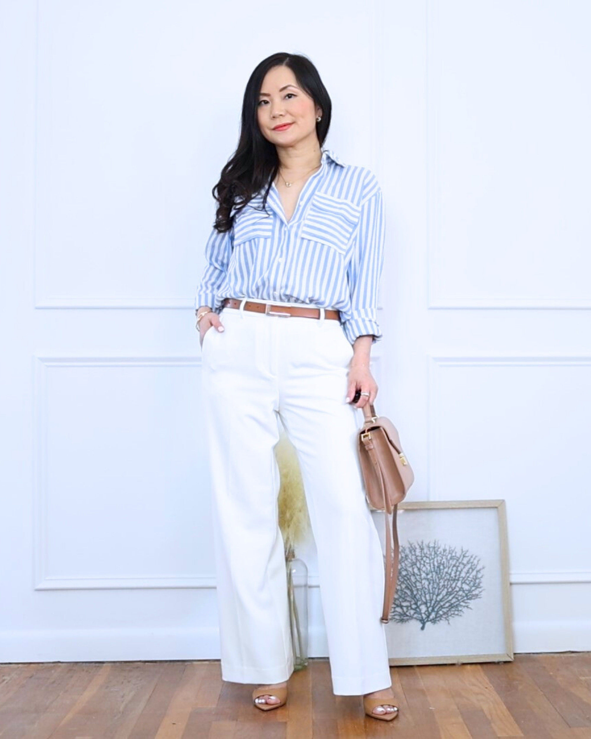 Loving this easy combo—striped shirt, white pants (Amazon find!), and comfy open-toe mules. Perfect for a warm, breezy day! I'm 5'2, wearing size S. 

 #LTKOver40 #LTKPetite #LTKStyleTip
