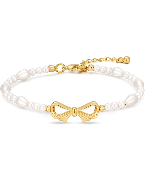 Pearl Bracelets for Women Dainty Bow Charm Bracelet Baroque Pearl Jewelry Gold Bow Knot Link Brac... | Amazon (US)