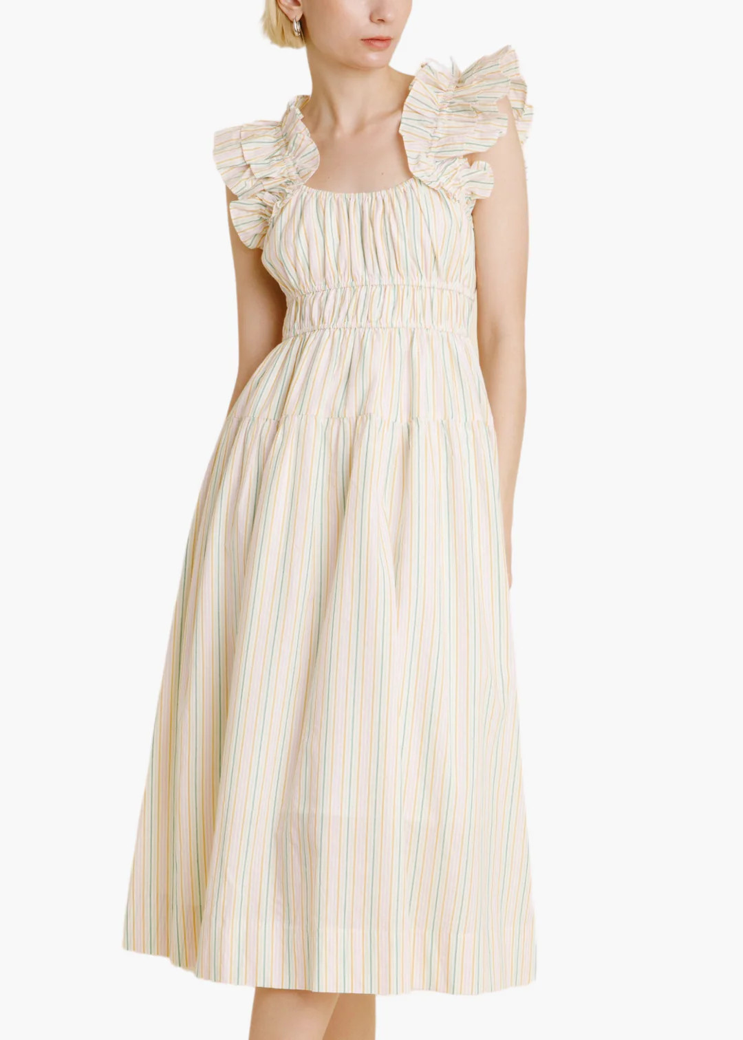 Ruffle Sleeve Midi Dress in Playful Stripe | Poppy and Pink