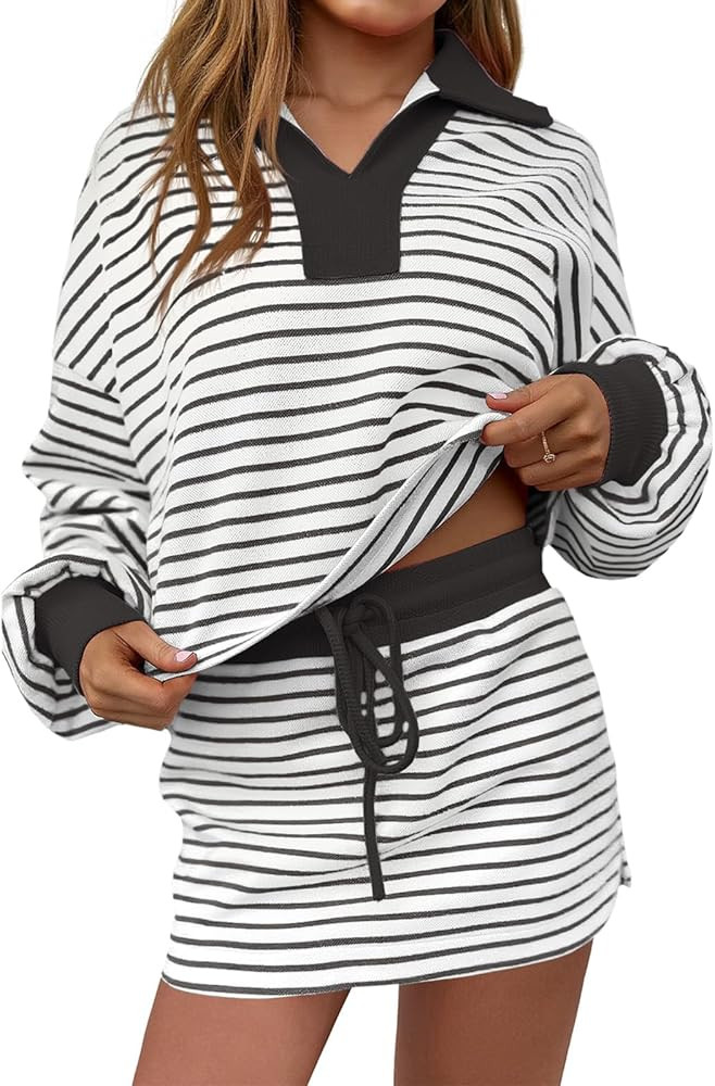 Fisoew Womens Striped 2 Piece Outfits Casual Sweatshirt Skirt Set Long Sleeve Skort Workout Set M... | Amazon (US)